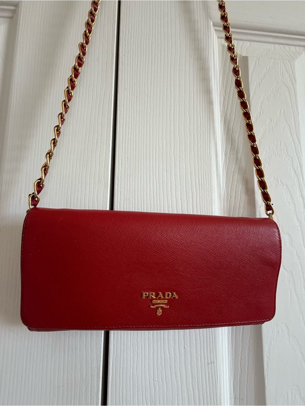 Prada Red Saffiano Leather Wallet on Chain Crossbody Gold Hardware